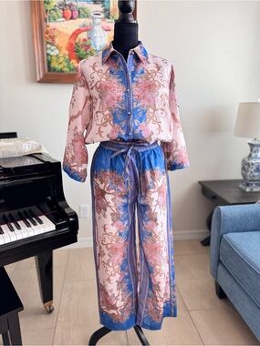 Women's Pink & Blue Printed Linen Jumpsuit